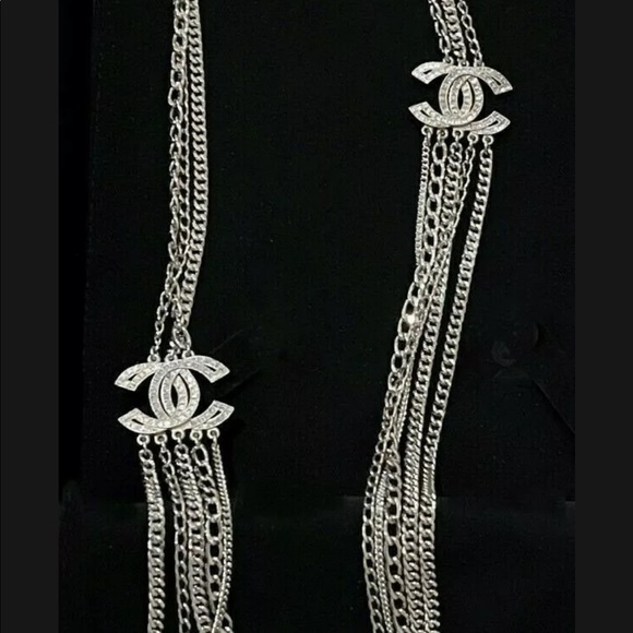 Authentic CHANEL Multi Strand Necklace CC Silver Metal/Strass - Picture 2 of 7